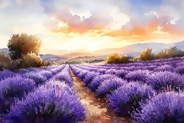 Fototapeta premium Watercolor painting of a sunrise over a field of lavender, with soft light illuminating the spring blossoms.