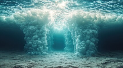 Underwater scene with cloud-like formations and sandy floor.