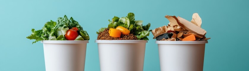 A visual representation of food waste turning into compost, general waste being landfilled, and recycling waste being repurposed, symbolizing sustainability