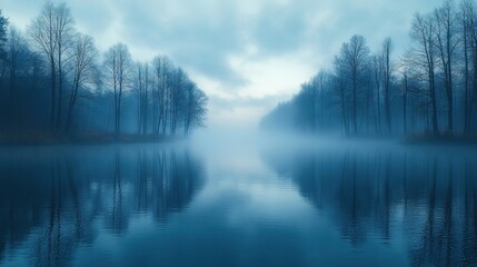 Misty lake reflecting trees under a cloudy sky at dawn.