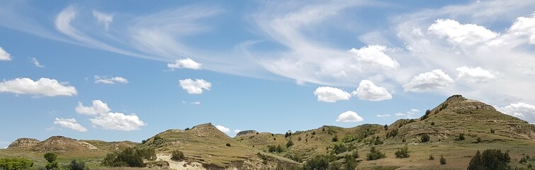 panorama of the mountains and meadows in Theodore Roosevelt National Park