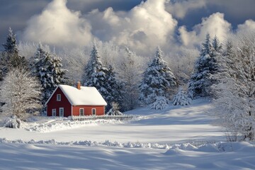 Naklejka premium Snowy Landscape with Cabin, Snow-Covered Trees, and Cloudy Sky in Winter Wonderland