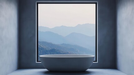 Fototapeta premium Minimal container bathroom with concrete countertops, large window facing a misty mountain range, serene