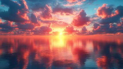 Obraz premium Serene sunset over calm waters with vibrant clouds reflecting.