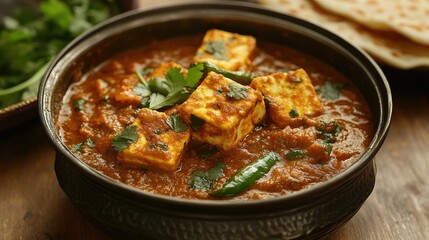 Kadai Paneer in a tomato-based gravy, served with flaky lachcha parantha and garnished with fresh coriander and green chilies.