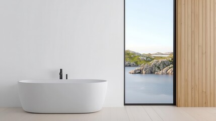 Compact container bathroom, white walls, and large window facing a rocky coastline, minimal design