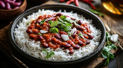 Kidney bean curry (rajma) paired with fragrant basmati rice on a rustic plate. A popular North Indian dish served in a homely setting.