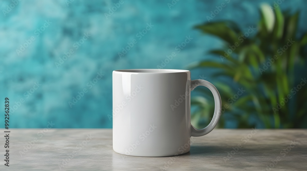 Poster a simple white mug sits on a concrete surface, against a vibrant blue background with a hint of gree