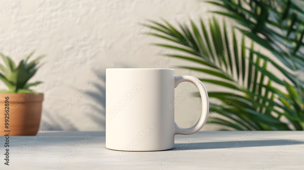 Poster a simple white mug sits on a table, surrounded by greenery and sunlight, creating a serene and invit