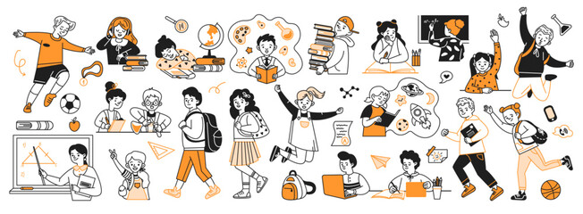 Students and teachers with supplies doodle line and color illustration set. School education process linear sketch vector people collection