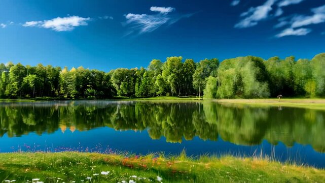 Landscape with river, green trees, blue sky, sunny day
