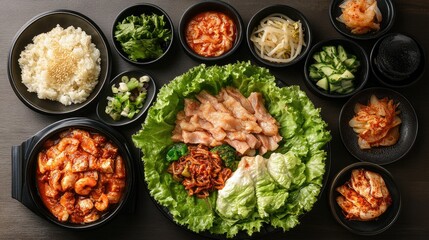 Korean cuisine showcase with tender braised pork, refreshing slush, salted shrimp, and a selection of side dishes, all arranged beautifully with fresh lettuce leaves