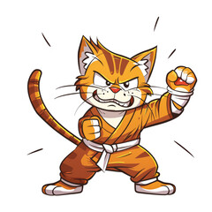 A cartoon cat in a karate gi with an angry expression, ready to strike a pose with fists clenched.