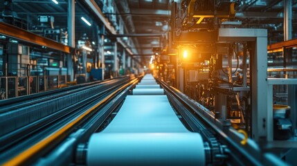 Close-up of printing line in paper and cardboard factory with white roll papers on industrial machine in motion