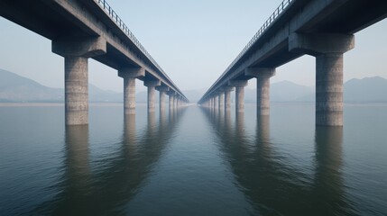 A stunning view of a bridge extending over calm water, reflecting the serene landscape and creating a symmetrical perspective.