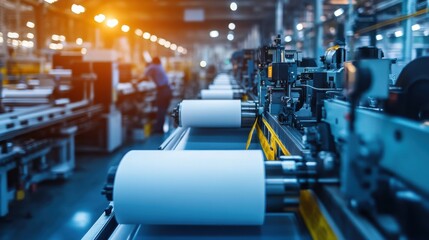 Close-up of printing line in paper and cardboard factory with white roll papers on industrial machine in motion