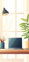 Fototapeta premium Creative workspace with art supplies and a laptop on the desk, flat design, front view, artistic theme, cartoon drawing, Complementary Color Scheme