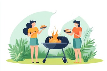 Friends having a backyard barbecue with 90s aesthetics and a modern speaker, flat design, side view, summer theme, water color, vivid