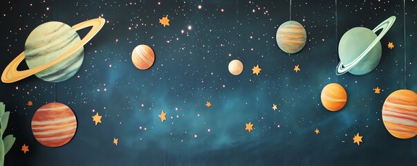 Colorful illustration of planets and stars in outer space, depicting a whimsical cosmic scene for educational or decorative use.