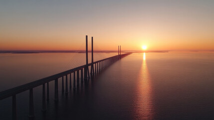 Obraz premium A stunning sunset over a calm sea, showcasing a long bridge silhouetted against the vibrant horizon, creating a serene landscape.