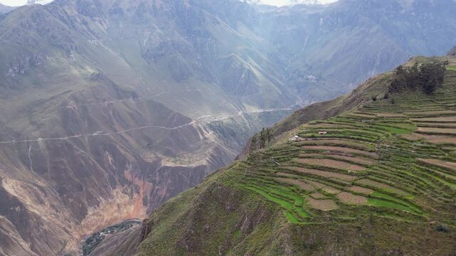 Flyover green terraced fields high above Colca Canyon in southern Peru