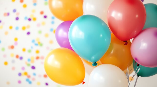 Colorful balloons arranged in a festive setting with confetti, perfect for party and celebration themes. Bright and cheerful atmosphere.