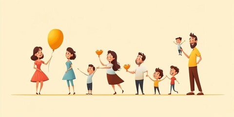 Fototapeta premium Multigenerational family celebrating a cultural festival together, flat design, side view, family theme, cartoon drawing, Splitcomplementary color scheme