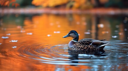 Obraz premium A duck swims peacefully in a vibrant, autumn-colored pond.