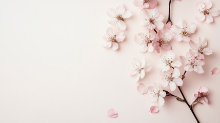 Obraz premium Delicate pink cherry blossom flowers arranged on a light background, perfect for springtime themes, nature, and seasonal designs.