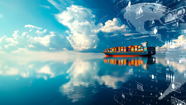 A futuristic cargo vessel on a reflective ocean, digital overlays showing real-time supply chain data