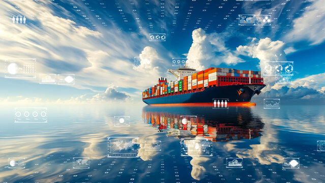 A futuristic cargo vessel on a reflective ocean, digital overlays showing real-time supply chain data - Powered by Adobe