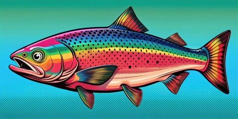 Fototapeta premium Pop art style image of a vibrant salmon fish with bold colors and graphic elements, Salmon, fish, seafood, pop art, vibrant