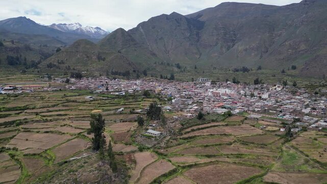 Terraced agriculture hillsides at Cabanaconde, Peru in Colca Canyon