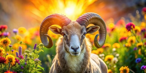 Ram with large horns surrounded by vibrant flowers and sun, Ram, large horns, vibrant flowers, sun, botanical, zodiac