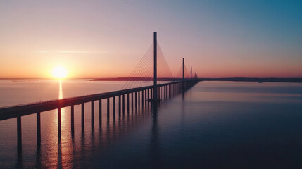 Fototapeta premium A stunning sunset view over a long bridge, casting beautiful reflections on tranquil waters, creating a serene and picturesque scene.