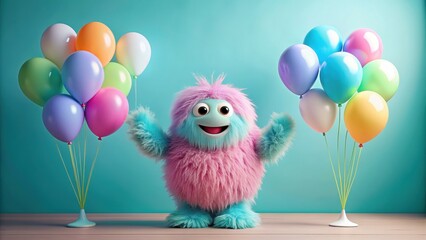 Fluffy monster celebrating with pastel balloons at a joyous party , cute, monster, fluffy, balloons, pastel, celebration