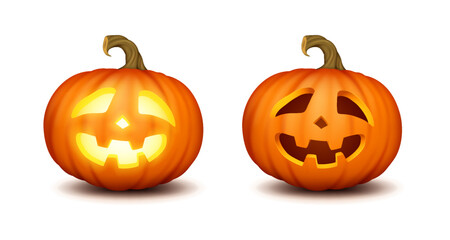 Carved happy pumpkins lit and dark realistic color icons set. Traditional Halloween decorations exuding spooky vibes 3d characters illustrations