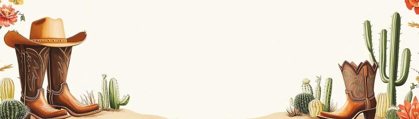 Western-themed banner featuring cowboy boots, hat, and cacti on a white background, ideal for invitations and event promotions.