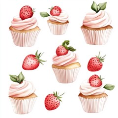 Watercolor seamless pattern of strawberry cupcakes on a white background, artistic and vibrant.