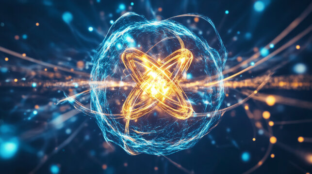 image depicts an energy burst from atomic nucleus during nuclear reaction, showcasing vibrant colors and dynamic movement. This visual representation captures essence of atomic energy and its powerfu