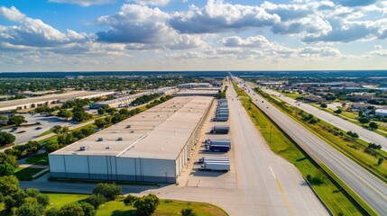 Logistic warehouse near a highway, with semi-trailer trucks and green suburban surroundings, aerial view, Flower Mound, Texas