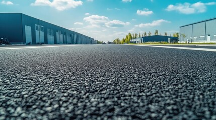 Obraz premium Long asphalt road stretching into the distance with a background of industrial warehouses and processing plants