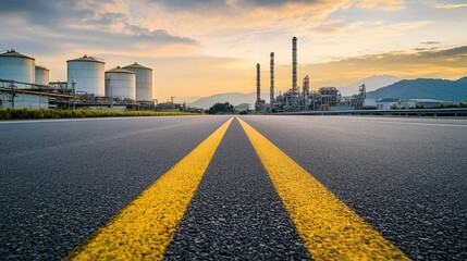 Long empty road with a backdrop of industrial factories and storage tanks, showcasing a typical industrial setting