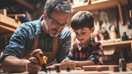 A father and son working on a DIY project together, highlighting the bond of teamwork in family roles