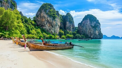Obraz premium Long-tail boats docked on the white sandy shores of a tropical beach in Krabi, with towering limestone cliffs and lush vegetation in the distance