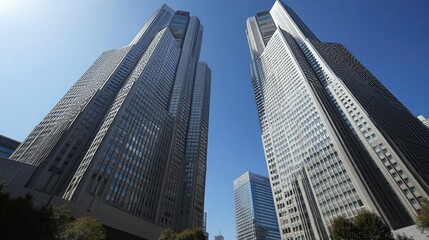 Fototapeta premium Looking up at Shinjuku's skyscrapers, the modern architecture and sleek designs contrast with the open sky in this iconic Tokyo district.