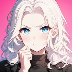 A striking solo portrait of a girl with blue eyes and long blonde hair, showcasing her fierce expression indoors.