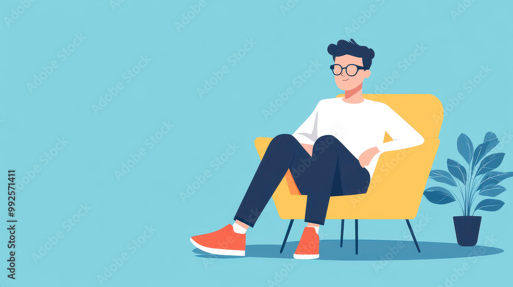 Poster a laidback man sports glasses in a vibrant flat illustration, blending modern design with whimsical 