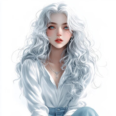 Fototapeta premium A young woman with flowing white curls, bright silver eyes, and an elegant Victorian shirt, embodies grace in anime style.