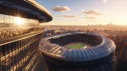 Low-angle shot of Santiago Bernabeu stadium's extended upper deck, towering into the sky, with Madrid's cityscape visible at a distance.